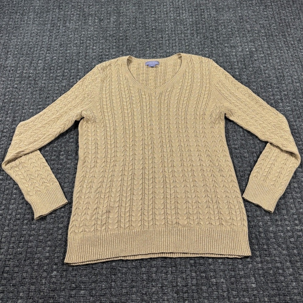 Laura Scott V-Neck Cable Knit Metallic Shimmer Sweater Size L Tan Gold